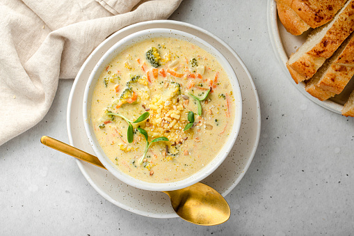 Bowl of creamy broccoli cheddar cheese soup
