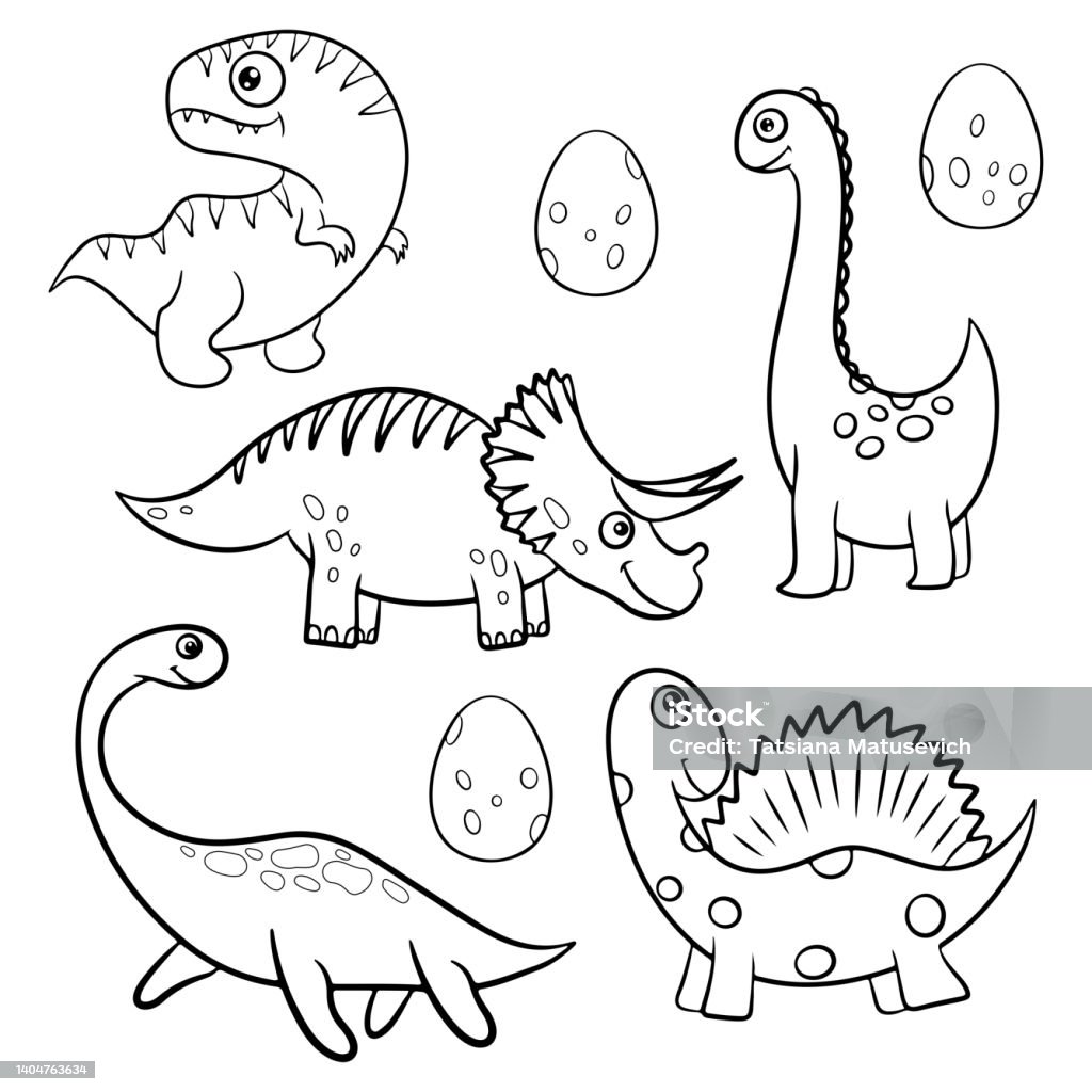 Vetores de Conjunto De Dinossauros De Desenho Animado Para Colorir