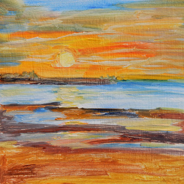 istock sea sunset on the sandy shore, oil painting. 1404763830