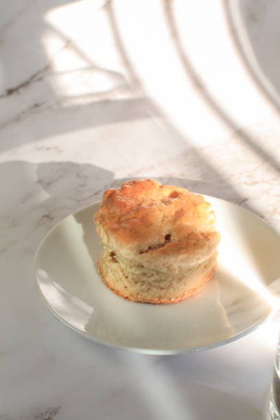 homemade sweet scones on plate under morning sunlight. fresh yummy tasty delicious english pastry for afternoon - brownie tea afternoon tea scone imagens e fotografias de stock