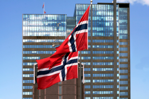 The Norwegian flag in the center of Oslo, Norway