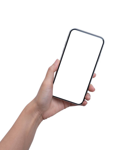 istock Woman hand holding blank screen mobile phone isolated on white background 1404766879