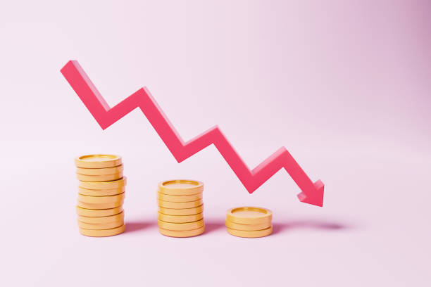 istock Red down arrow and coin stacks. Financial concept. 3d illustration 1404771476