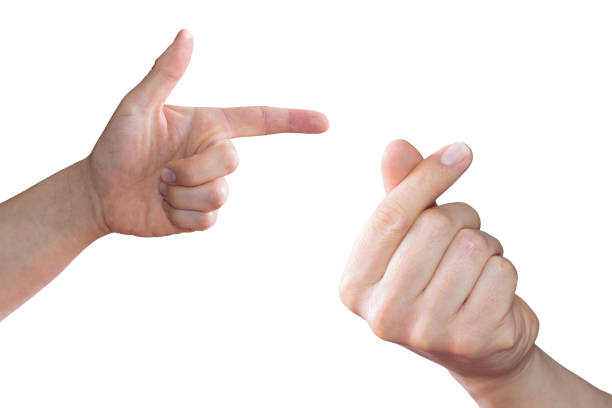 istock Two white hands on a white background, one doing a gun shape and the other doing the Korean heart sign 1404771564