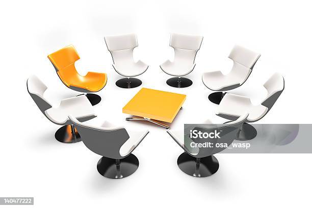 Unformal Meeting With Orange Chairs Stock Photo - Download Image Now - Desk, Human Skin, Black Color