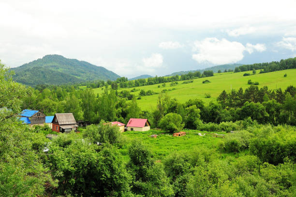 a small village on the slope of a high hill and the edge of a forest. - storm summer forest cloudscape imagens e fotografias de stock