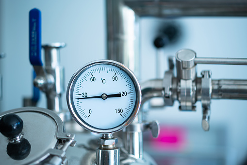 Valves and gauges on industrial equipment