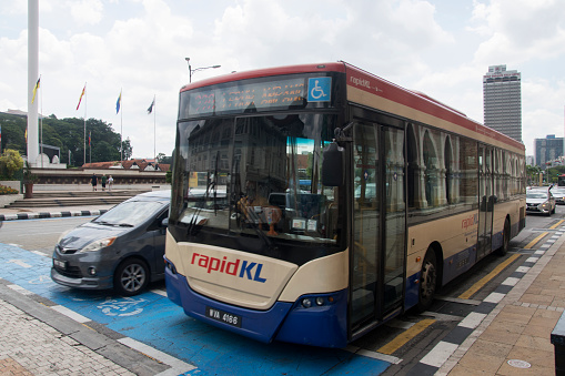Kuala Lumpur, Malaysia - Jun 07, 2022: Rapid KL bus travels on the road in Kuala Lumpur. This bus is a part of public transportation system in Kuala Lumpur