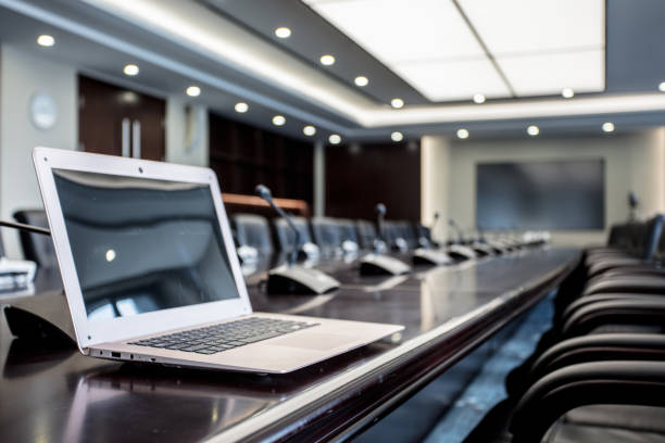 istock Luxury meeting room with computer and microphone 1404775565