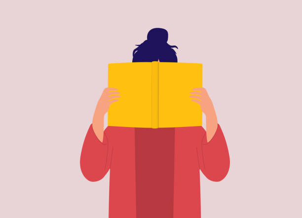 молодая женщина держит обложку желтой книги. - скрытое лицо stock illustrations