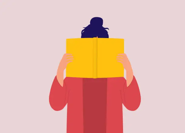 Vector illustration of Young Woman Holding Yellow Book Cover.