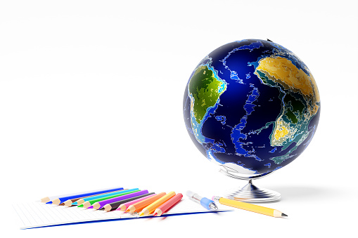 Earth planet model,сolored pencils, colored ink pens and a regular pencil with a red rubber band  on base isolated on white background. 3d illustration .