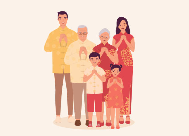 Multi Generation Chinese Family Dressed In Beautiful Traditional Clothes Greeting. Chinese New Year. Lunar New Year. CNY. Smiling Multi Generation Chinese Family Dressed In Beautiful Traditional Clothes Greeting In “Gong Xi Gong Xi” Pose. Isolated On Color Background. taiwan people stock illustrations
