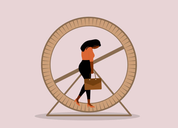 Job Burnout Concept. Fatigue Female Black Employee Walking On Hamster Wheel. Isolated On Color Background. rat race stock illustrations