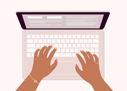 Black Female’s Hand With Pink Color Nail Polish, Bracelet And, Ring Typing On Laptop Keyboard. Isolated On Color Background.