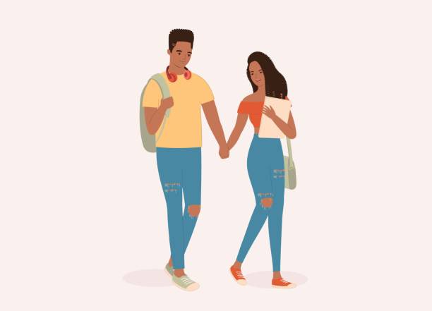 Young Black Student Couple With Ripped Jeans Holding Hands Together. Young Black Student Couple With Ripped Jeans Walking And Holding Hands Together. Isolated On Color Background. beautiful woman walking stock illustrations