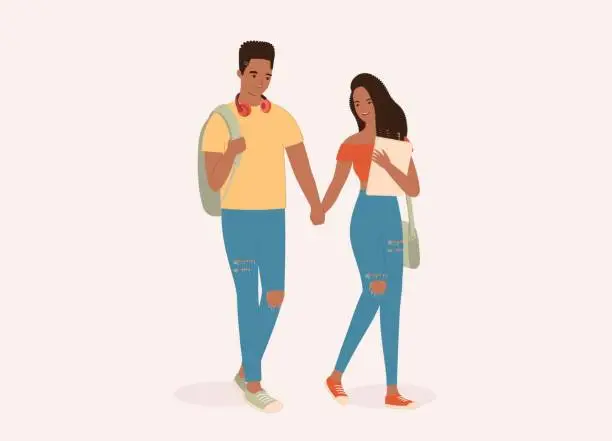 Vector illustration of Young Black Student Couple With Ripped Jeans Holding Hands Together.