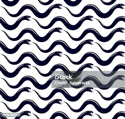 istock Seamless snakes pattern in vintage drawing style, dangerous poisoned reptiles vector background, endless tiling wallpaper, subculture rock n roll and hard rock theme. 1404780041