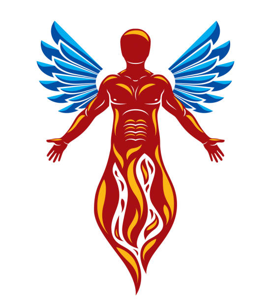 istock Vector graphic illustration of muscular human being created with bird wings. Human as the element of fire to support business spirit and corporate idea. 1404780693