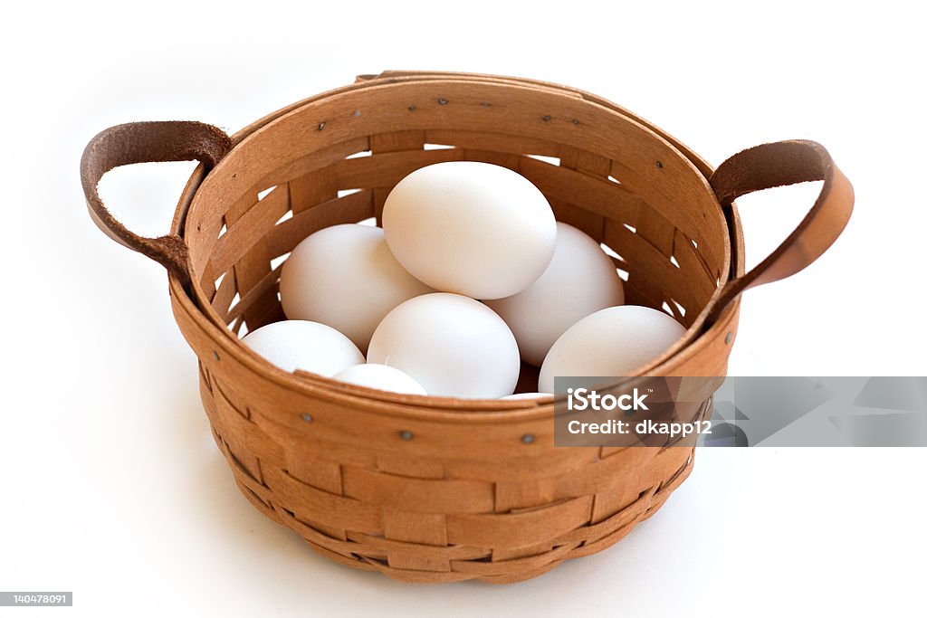All Eggs in One Basket Concept - put all eggs in one basket.  Isolated on white Basket Stock Photo