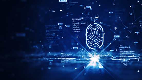 Fingerprint scanning concept to login in internet network connection. Prominent fingerprint on the right It consists of a polygon with binary code and a small icon on a dark blue background.