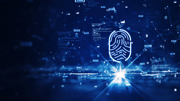 Fingerprint scanning concept to login in internet network connection. Prominent fingerprint on the right It consists of a polygon with binary code and a small icon on a dark blue background. stock photo
