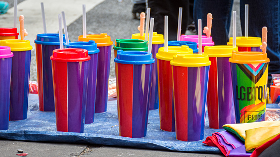 Sao Paulo, Sao Paulo, Brazil - June 19, 2022: plastic cup for drinks with gay pride theme