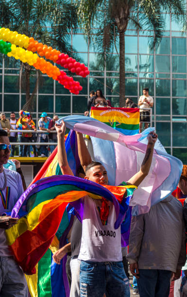LGBTQI dressed rainbow-colored Sao Paulo, Sao Paulo, Brazil - June 19, 2022: People dressed in rainbow-colored lgbt pride flag with colorful king's blush with lgbtqi symbol sao paulo gay pride parade stock pictures, royalty-free photos & images