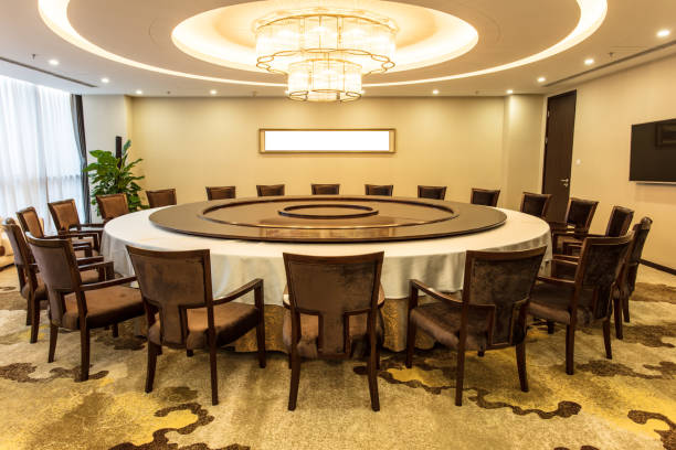 istock Round table and round chandelier in Chinese restaurant interior 1404785417