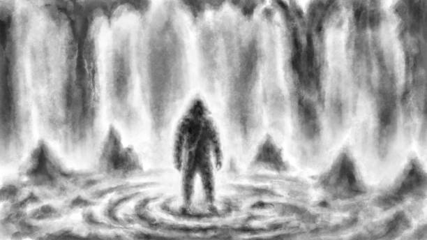 istock One hooded man stands inside cave. Ritual room an ancient temple. Spooky dark monk illustration. Horror fantasy genre. 1404791133