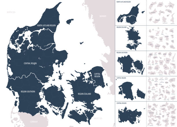 Vector color detailed map of Denmark with the administrative divisions of the country, each Regions is presented separately and divided into Municipalities Vector color detailed map of Denmark with the administrative divisions of the country, each Regions is presented separately and divided into Municipalities zealand denmark stock illustrations