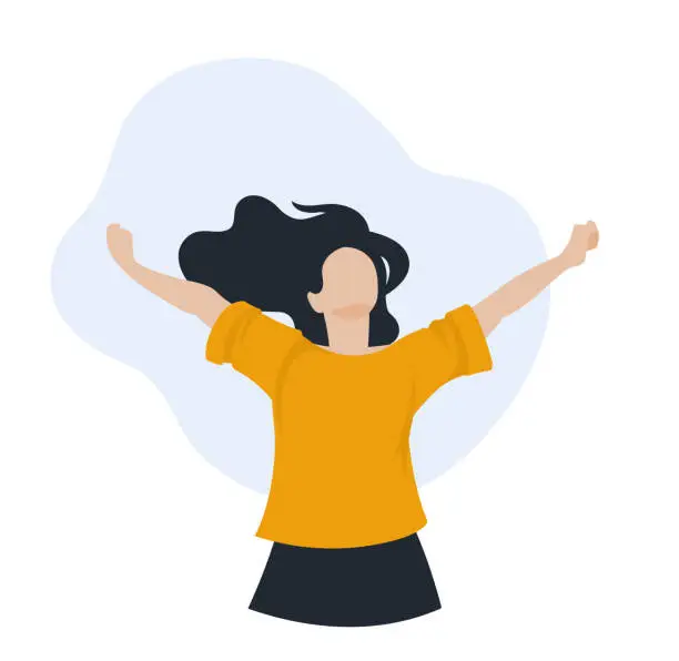 Vector illustration of Happy people. The woman raised her hands up and rejoice in life. The girl's hair flutters in the wind.