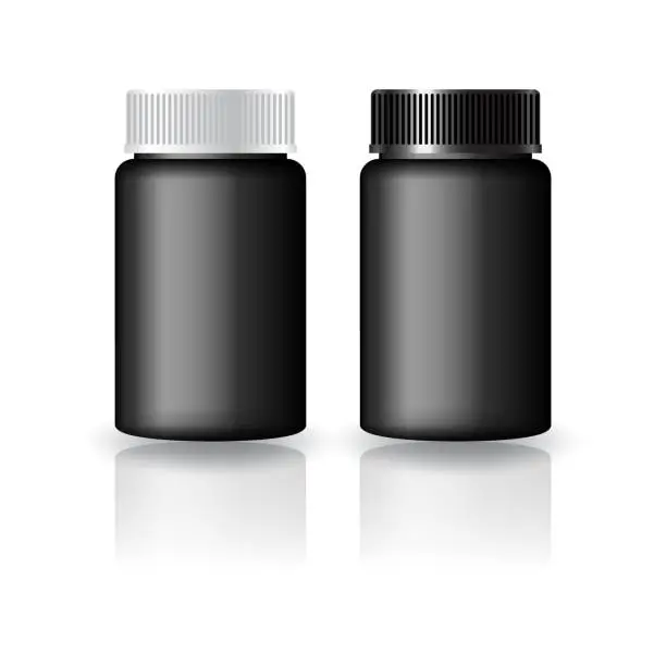 Vector illustration of Black round supplements, medicine bottle with black-white groove lid mock up template.