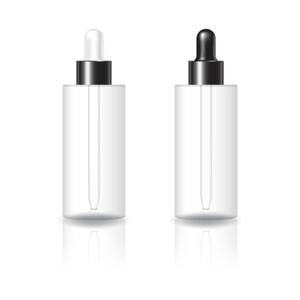 Blank clear cylinder cosmetic bottle with white and black dropper lid mockup template. Blank clear cylinder cosmetic bottle with white and black dropper lid mockup template. Isolated on white background with reflection shadow. Ready to use for package design. Vector illustration. corporate identity packages stock illustrations