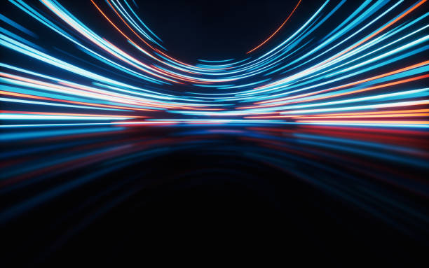 istock Glowing round illuminated lines with motion blur, 3d rendering. 1404798837