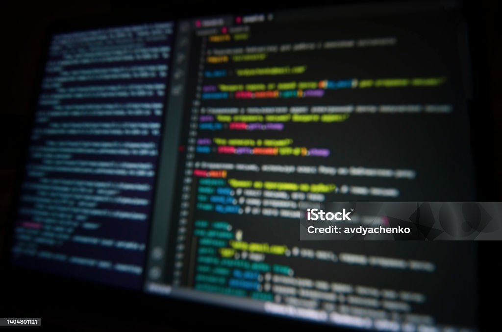 Computer Using Black Code Screen Image Background Computer Code On Laptop Screen In Blur Stock Photo ...