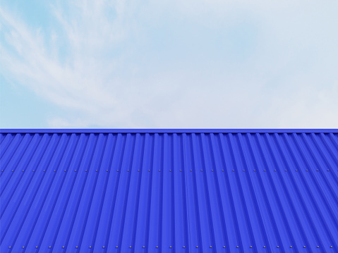 Blue metal sheet roof on blue background.3D rendering.