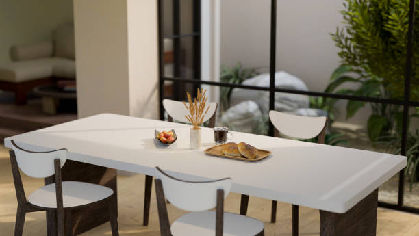 istock Modern dining room interior design with modern white and classic wood dining table 1404803841