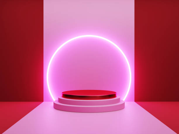 istock Neon lighting product presentation platform, podium stand with neon lights 1404805931