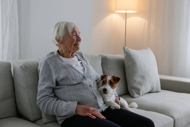 istock Older senior woman with a dog. 1404809584
