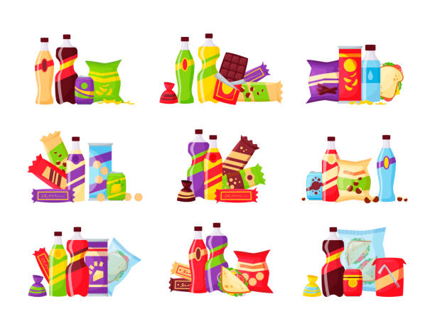 ilustraciones, imágenes clip art, dibujos animados e iconos de stock de snack set, comida rápida y productos de bebidas. botellas de bebidas, arena en paquete, refrescos y jugos para máquina expendedora. elementos de la tienda de alimentos para la lonchera o el diseño del mercado, vector de estilo de dibujos animados - soda