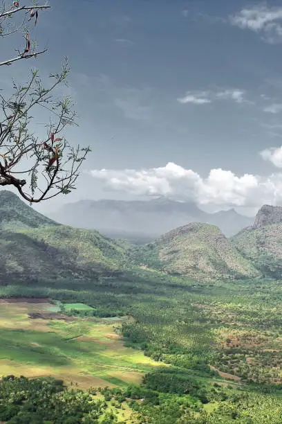 birds eye view of scenic palani hills and manjalar dam lake from a vew point near kodaikanal hill station in tamilnadu, south india