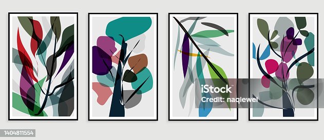 istock Vector colorful botanical wall art set of foliage leaf hand drawing with abstract plant art design card template background collection,Design Element 1404811554