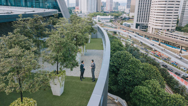 direttamente sopra 2 uomini d'affari che parlano sul giardino sul tetto fuori dall'edificio degli uffici - roof men business city foto e immagini stock