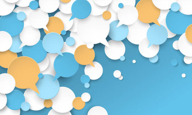 illustrations, cliparts, dessins animés et icônes de concept d’entreprise coloré avec bulles de parole sur fond bleu - communication