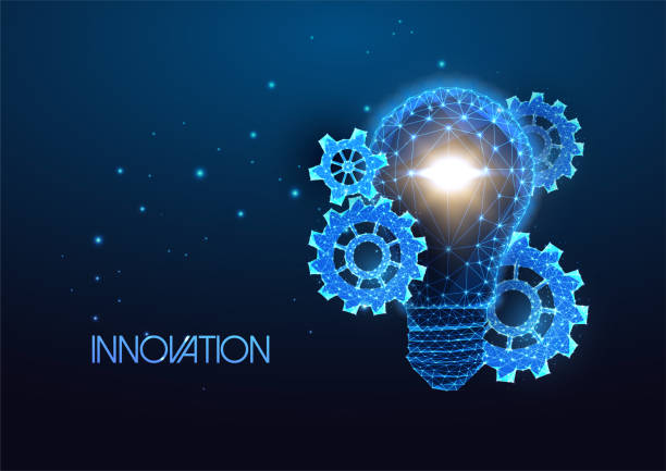 istock Futuristic business innovation concept with glowing lightbulb and gears, cog wheels on blue 1404813812