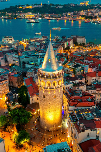 Galata tower at night in Istanbul, Turkey.