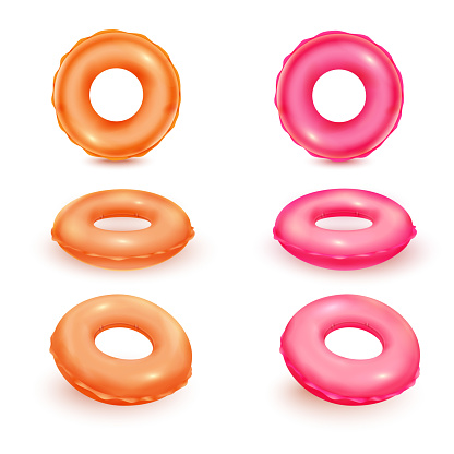 3d inflatable rings. Isolated rubber ring wheel, pool toys swim sea balloons realistic circle lifebuoy for floater swimming buoy tube summer round object tidy vector illustration. Inflatable rubber 3d