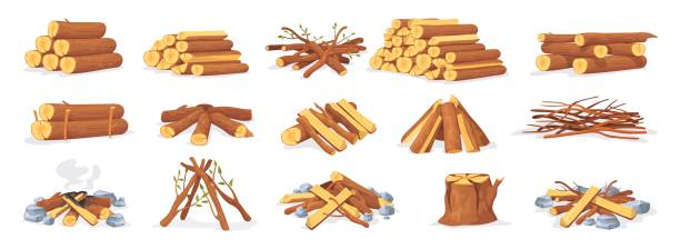 pfahl brennholz. stapeln sie holz holz holz lagerfeuer, cartoon sticks zweige holz waldbaum für brennendes feuer, bündeln trockenes gestrüpp holz holz stamm, ordentliche vektor-illustration - fire log stock-grafiken, -clipart, -cartoons und -symbole