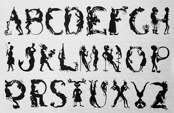 ilustrações de stock, clip art, desenhos animados e ícones de figures alphabet by giacomo franco, 1596 - woodcut letterpress engraving pattern